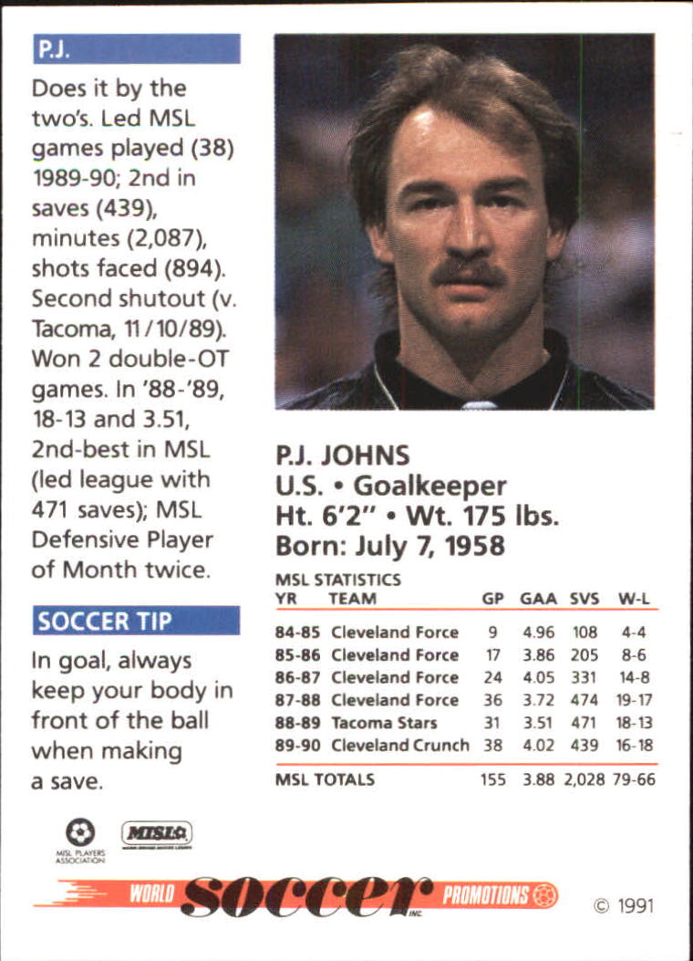 1991 Soccer Shots MSL #65 P.J. Johns back image