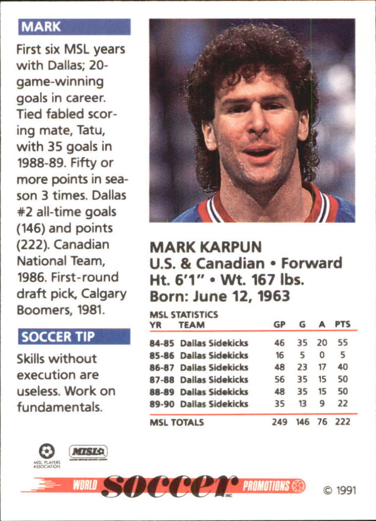 1991 Soccer Shots MSL #85 Mark Karpun back image
