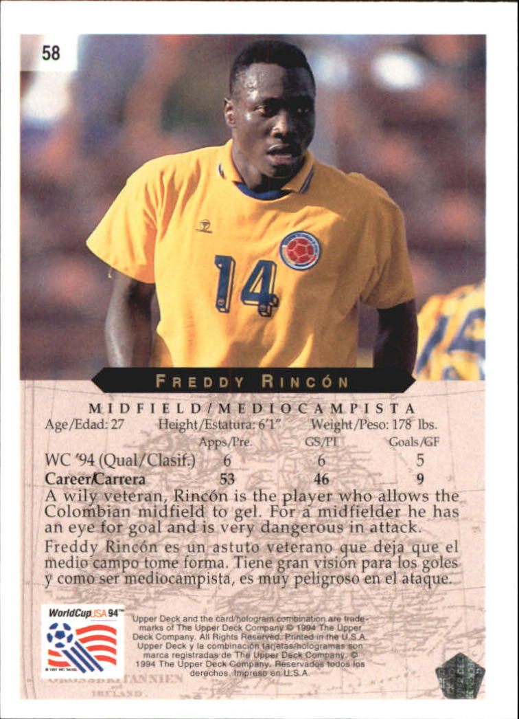 1994 Upper Deck World Cup Contenders English/Spanish #58 Freddy Rincon back image