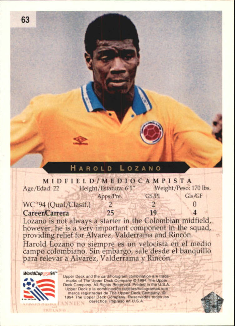 1994 Upper Deck World Cup Contenders English/Spanish #63 Harold Lozano back image