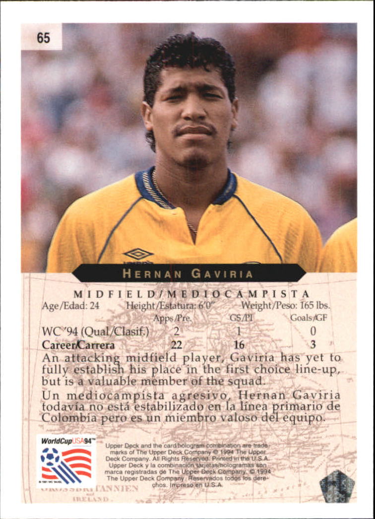 1994 Upper Deck World Cup Contenders English/Spanish #65 Hernan Gaviria back image