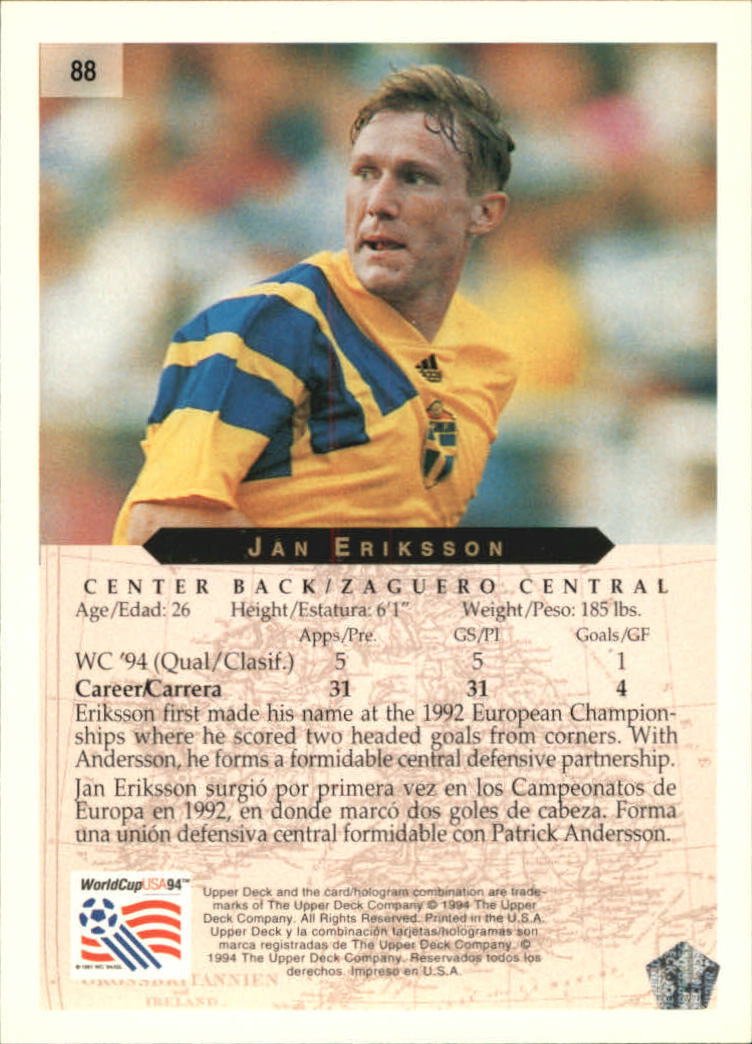 1994 Upper Deck World Cup Contenders English/Spanish #88 Jan Eriksson back image