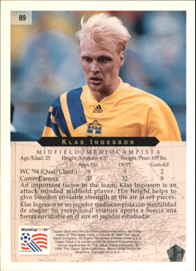 1994 Upper Deck World Cup Contenders English/Spanish #89 Klas Ingasson back image
