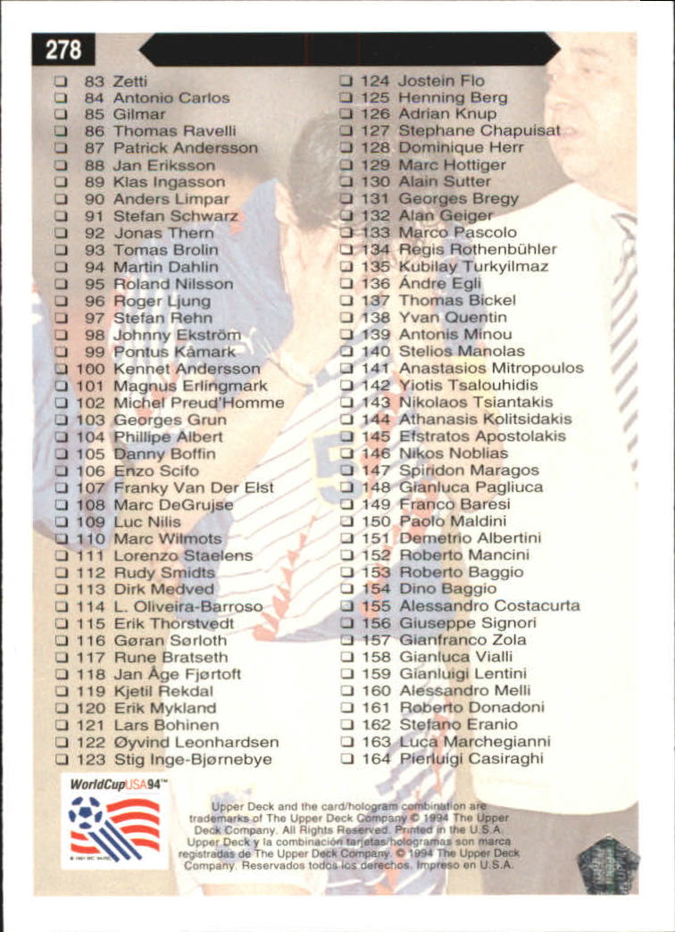 1994 Upper Deck World Cup Contenders English/Spanish #278 Checklist 83-164 back image