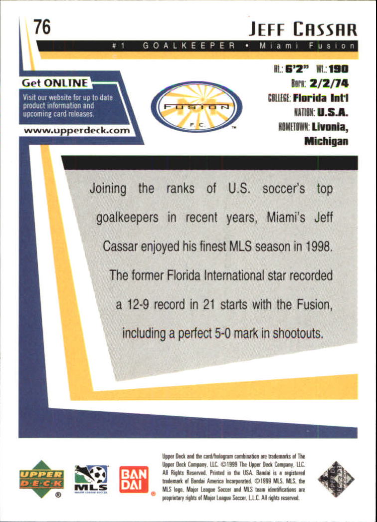 1999 Upper Deck MLS #76 Jeff Cassar RC back image