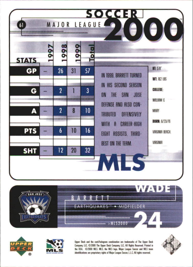 2000 Upper Deck MLS #61 Wade Barrett RC back image