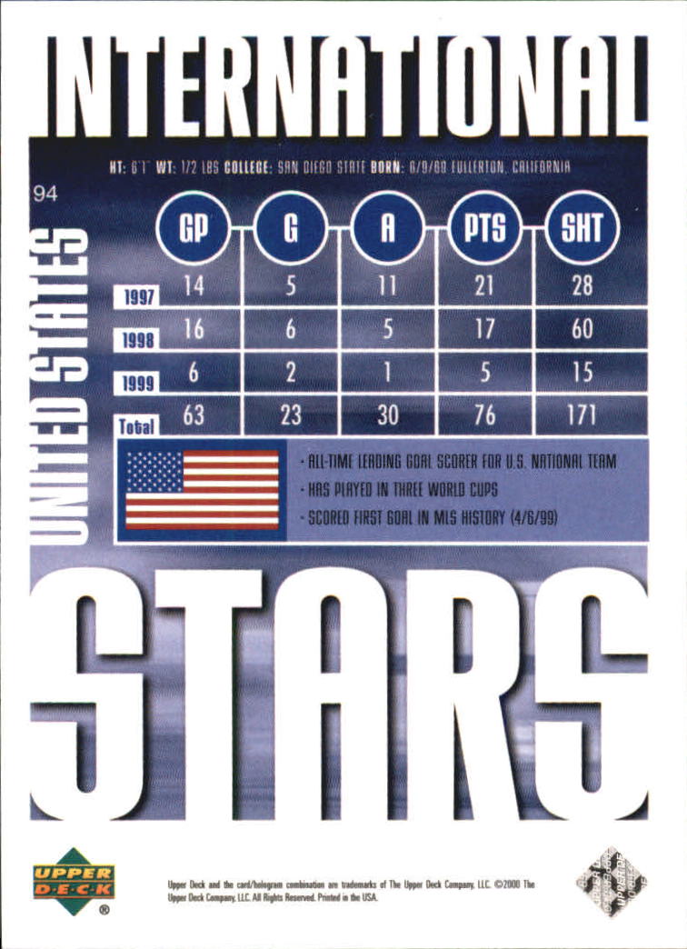 2000 Upper Deck MLS #94 Eric Wynalda International Stars back image