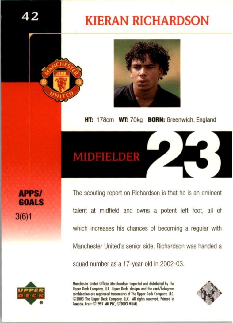 2003 Upper Deck Manchester United #42 Keiran Richardson back image