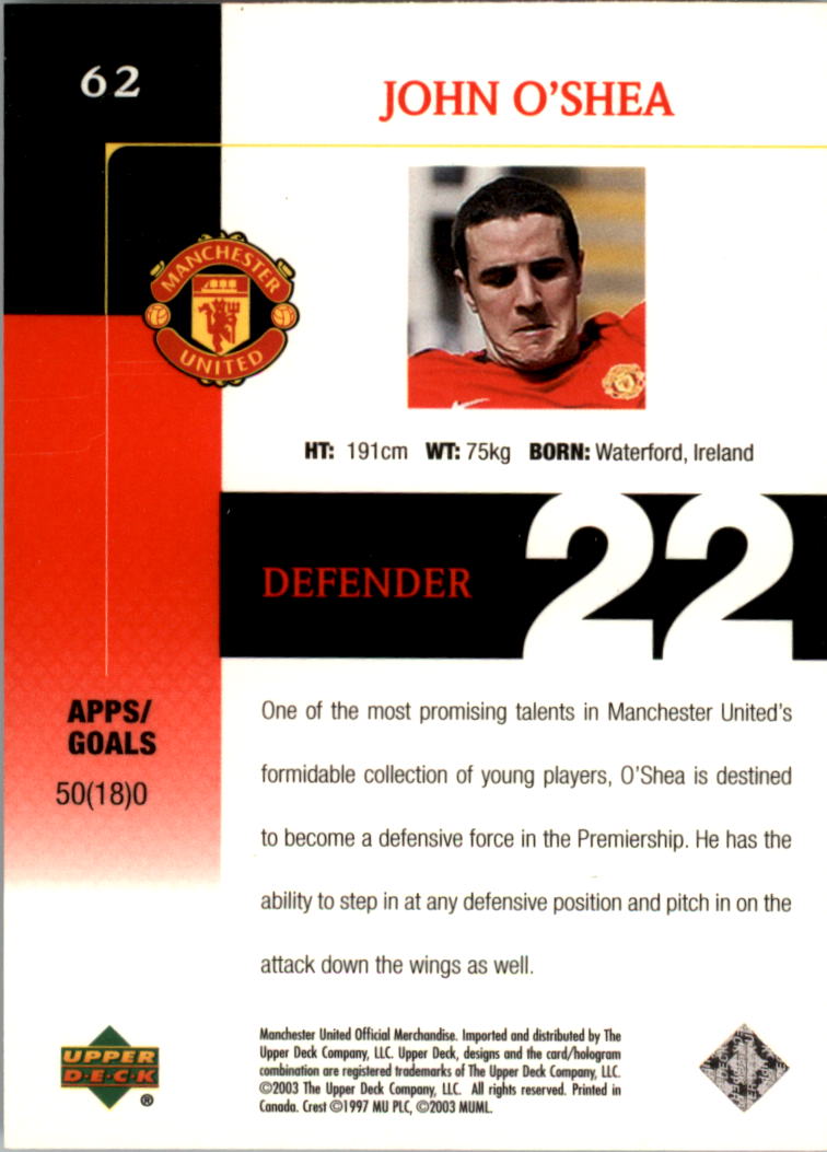 2003 Upper Deck Manchester United #62 John O'Shea back image