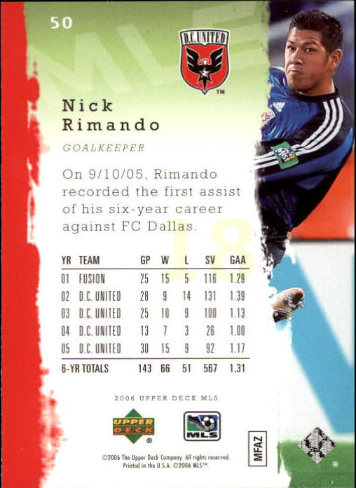 2006 Upper Deck MLS #50 Nick Rimando back image