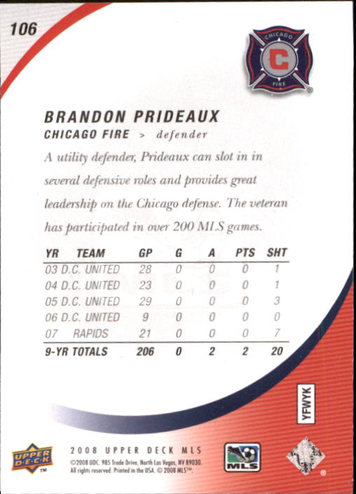 2008 Upper Deck MLS #106 Brandon Prideaux back image