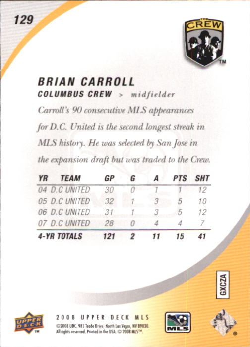 2008 Upper Deck MLS #129 Brian Carroll back image
