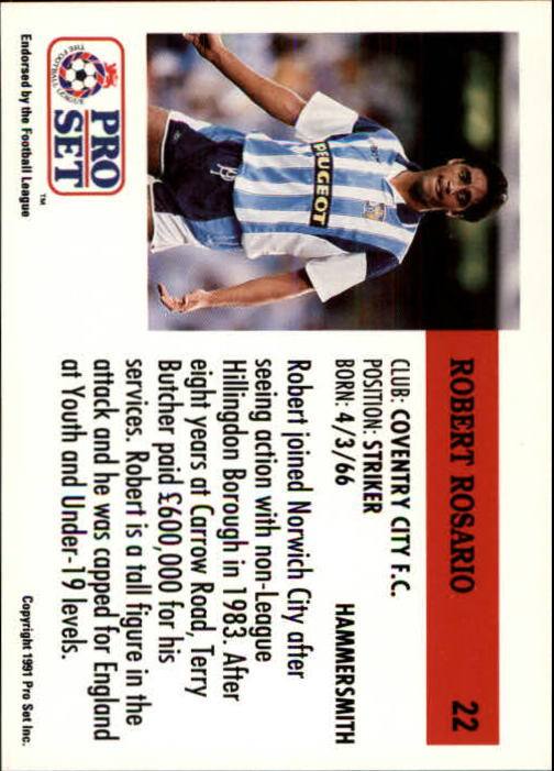 1991-92 Pro Set England #22 Robert Rosario back image