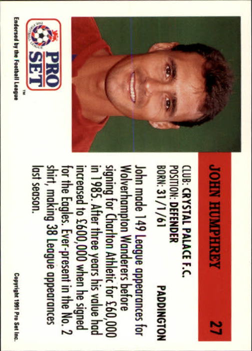 1991-92 Pro Set England #27 John Humphrey back image