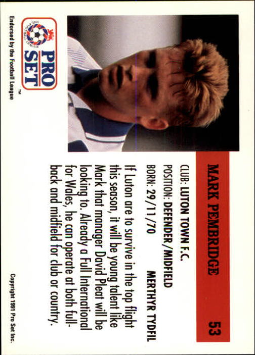 1991-92 Pro Set England #53 Mark Pembridge back image