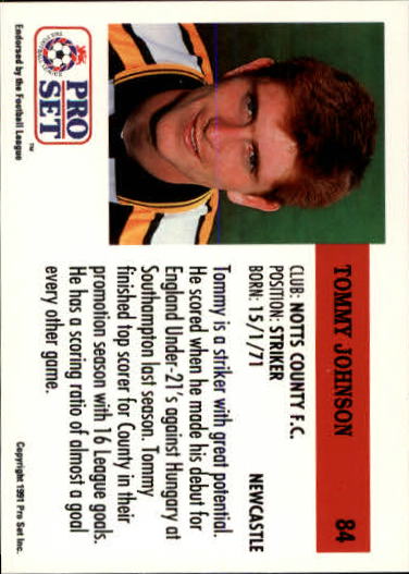 1991-92 Pro Set England #84 Tommy Johnson back image