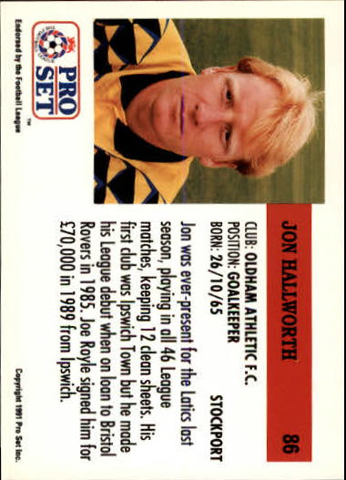 1991-92 Pro Set England #86 Jon Hallworth back image