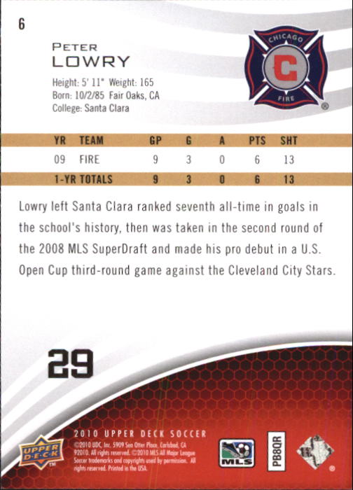 2010 Upper Deck MLS #6 Peter Lowry back image