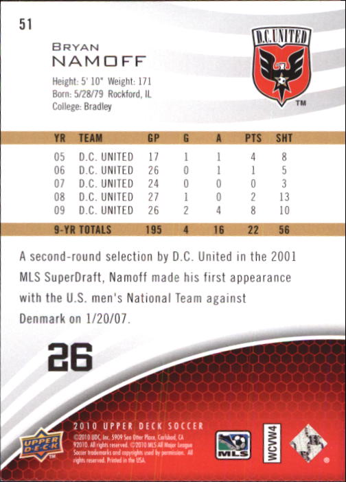 2010 Upper Deck MLS #51 Bryan Namoff back image