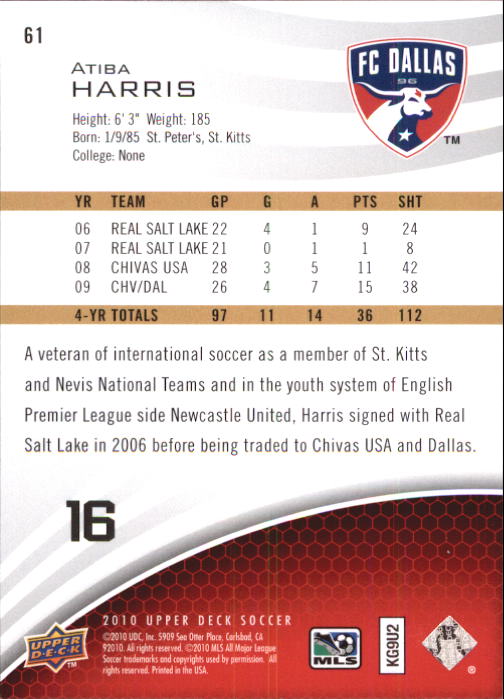 2010 Upper Deck MLS #61 Atiba Harris back image