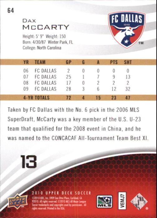 2010 Upper Deck MLS #64 Dax McCarty back image