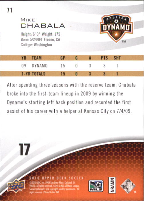 2010 Upper Deck MLS #71 Mike Chabala RC back image