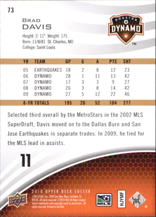 2010 Upper Deck MLS #73 Brad Davis back image