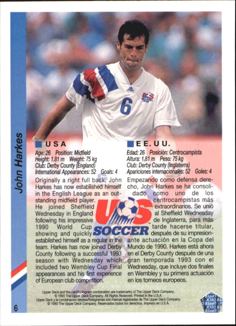 1993 Upper Deck World Cup 94 Preview English/Spanish #6 John Harkes back image