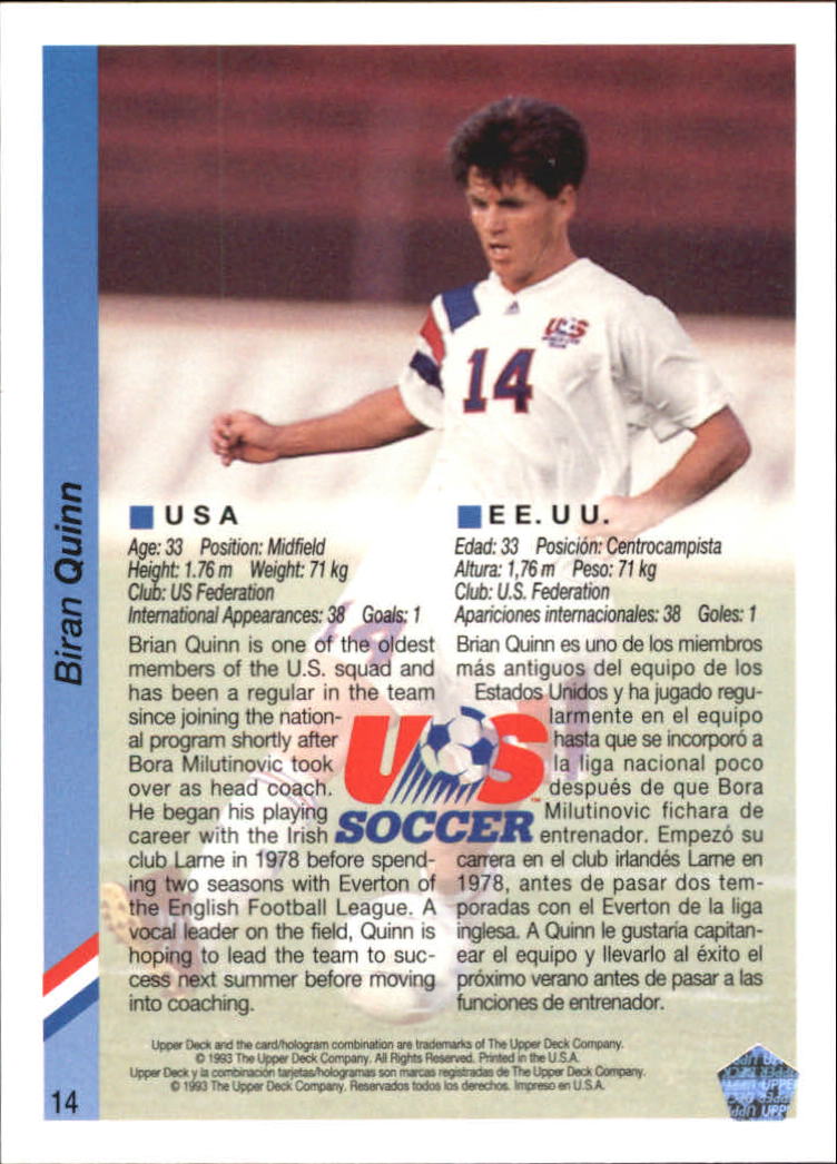 1993 Upper Deck World Cup 94 Preview English/Spanish #14 Brian Quinn back image