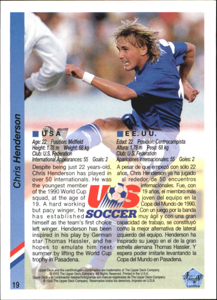 1993 Upper Deck World Cup 94 Preview English/Spanish #19 Chris Henderson back image