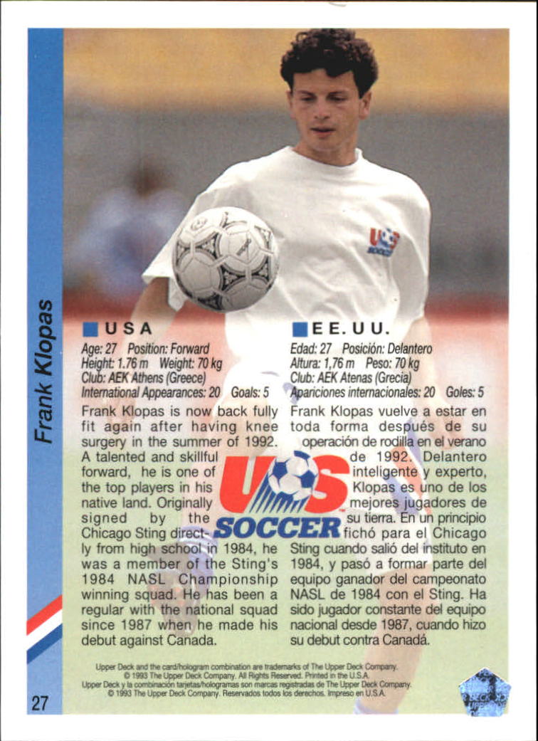 1993 Upper Deck World Cup 94 Preview English/Spanish #27 Frank Klopas back image