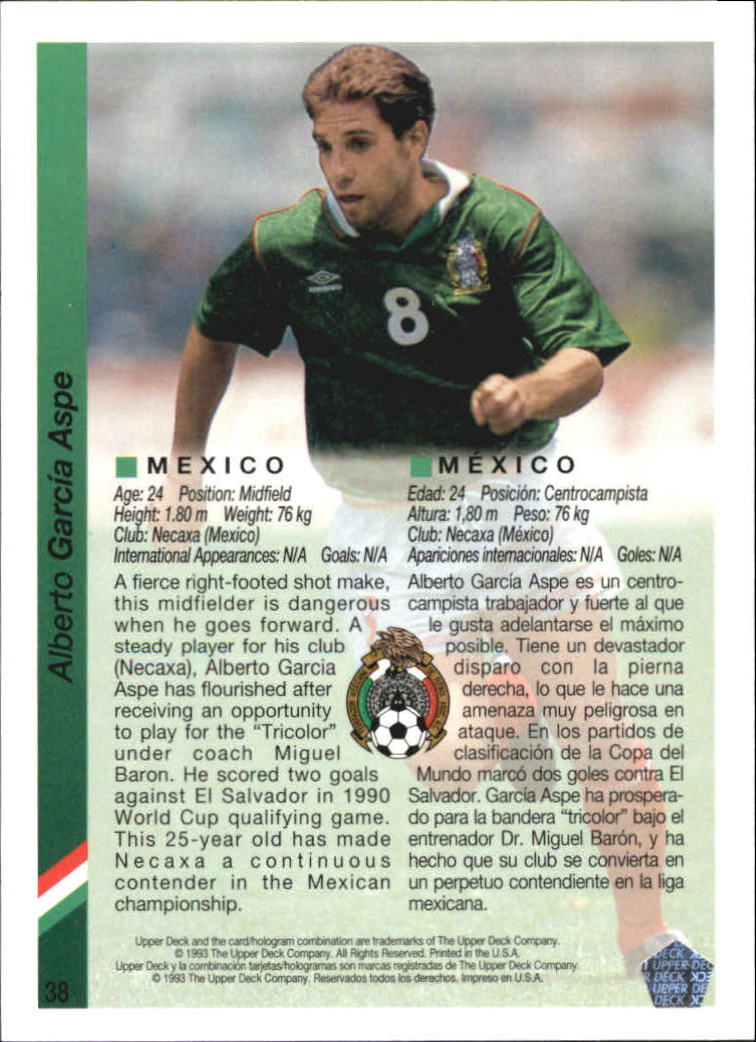 1993 Upper Deck World Cup 94 Preview English/Spanish #38 Alberto Garcia Aspe back image