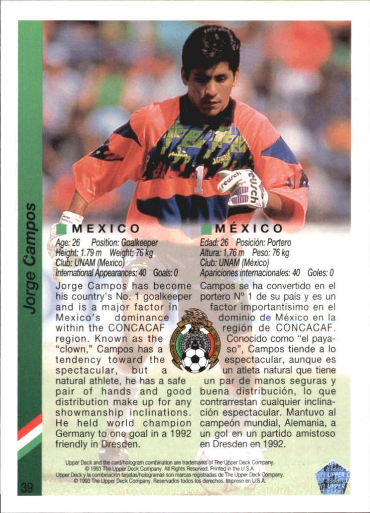 1993 Upper Deck World Cup 94 Preview English/Spanish #39 Jorge Campos back image