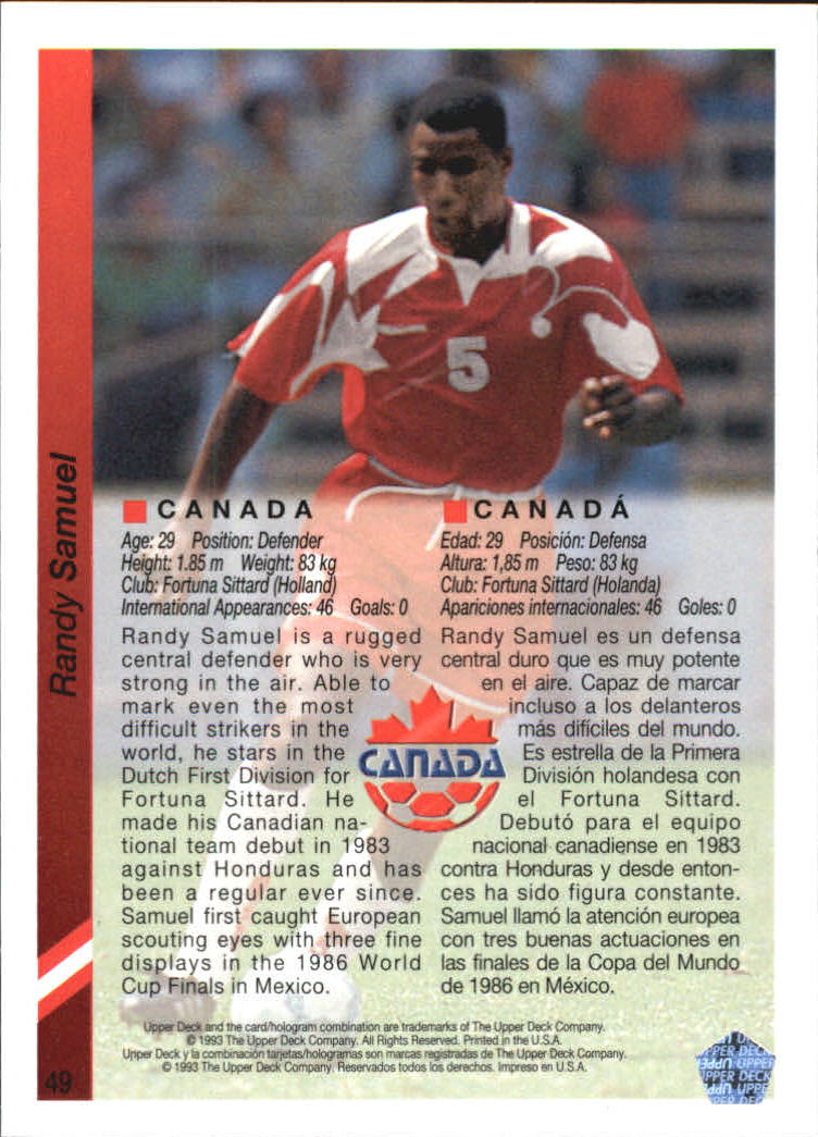 1993 Upper Deck World Cup 94 Preview English/Spanish #49 Randy Samuel back image