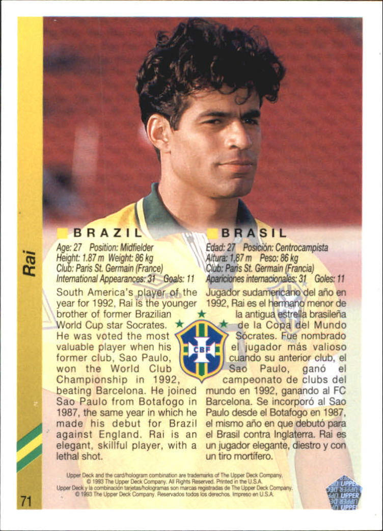 1993 Upper Deck World Cup 94 Preview English/Spanish #71 Rai back image