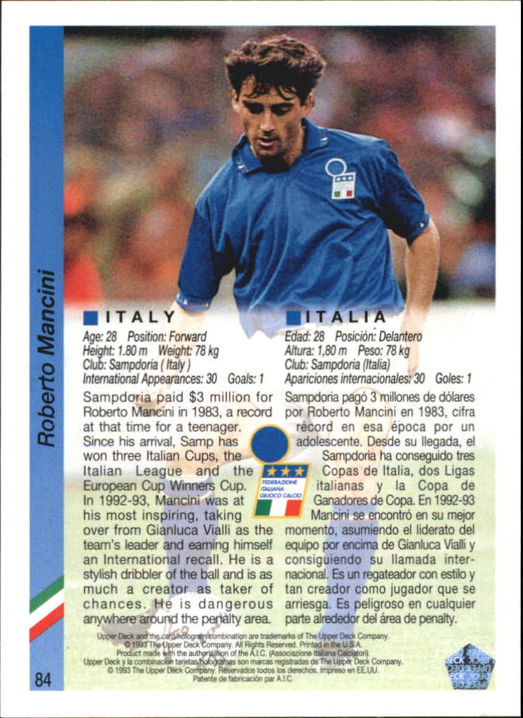1993 Upper Deck World Cup 94 Preview English/Spanish #84 Roberto Mancini back image