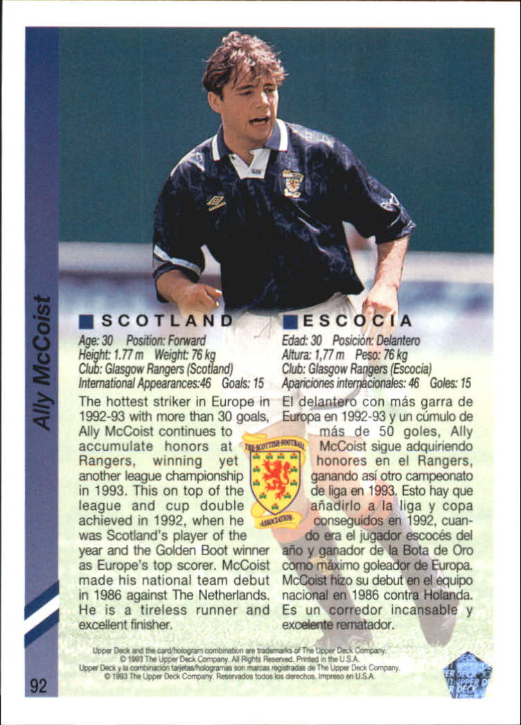 1993 Upper Deck World Cup 94 Preview English/Spanish #92 Ally McCoist back image