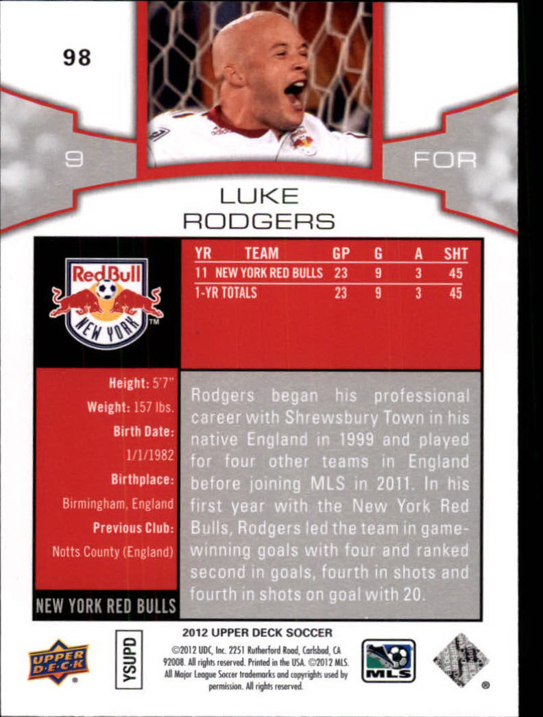 2012 Upper Deck MLS #98 Luke Rodgers back image