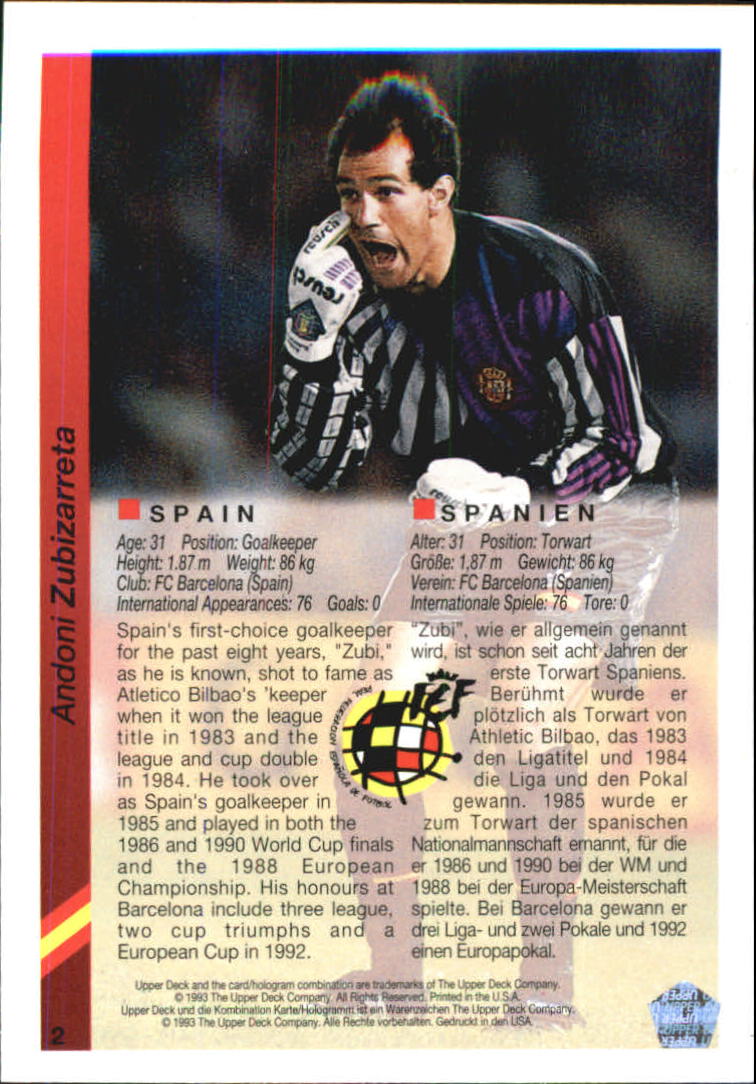1993 Upper Deck World Cup 94 Preview English/German #2 Andoni Zubizarreta back image