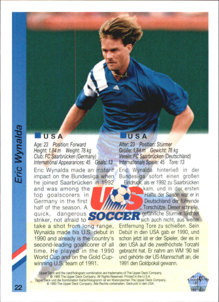 1993 Upper Deck World Cup 94 Preview English/German #22 Eric Wynalda back image