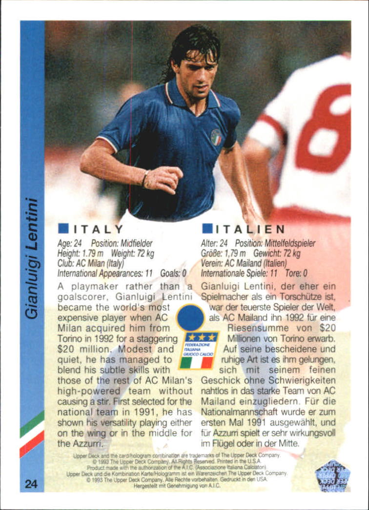 1993 Upper Deck World Cup 94 Preview English/German #24 Gianiuigi Lentini back image