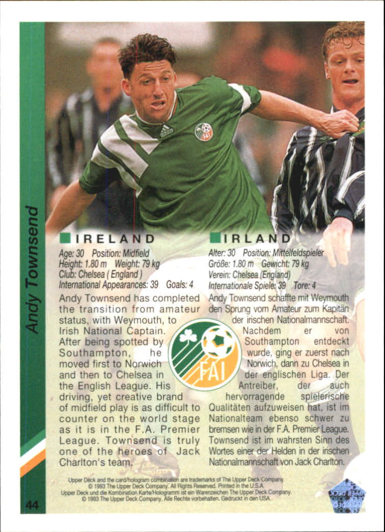 1993 Upper Deck World Cup 94 Preview English/German #44 Andy Townsend back image