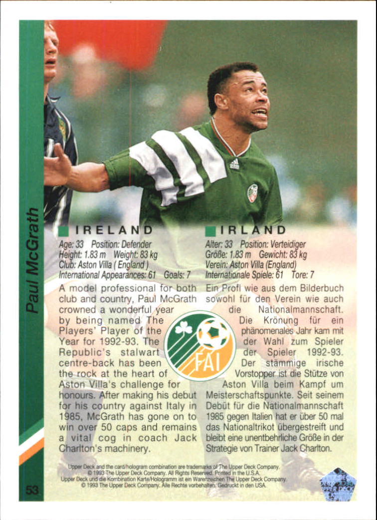 1993 Upper Deck World Cup 94 Preview English/German #53 Paul McGrath back image