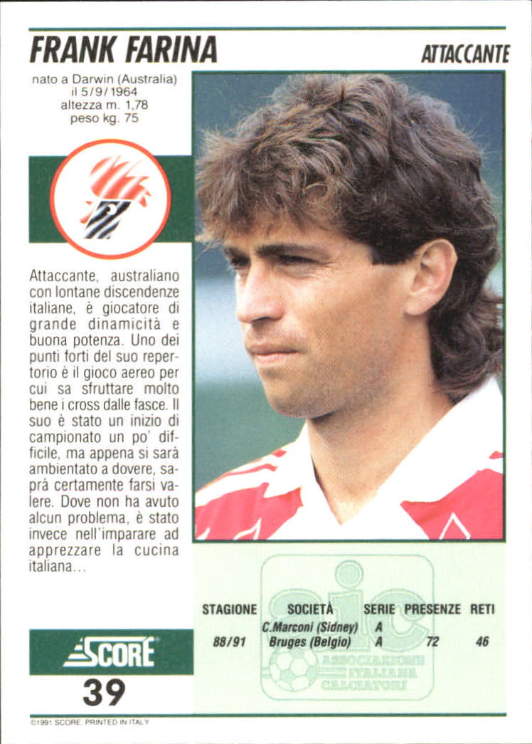 1991-92 Score Italian #39 Frank Farina back image