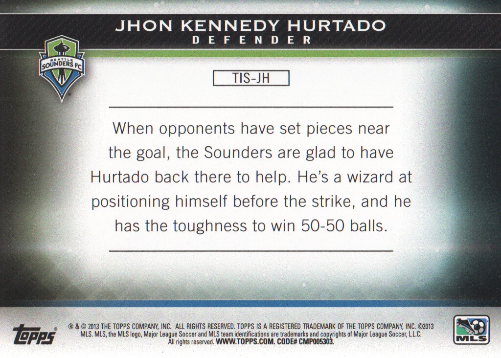 2013 Topps MLS Pure Soccer #JH Jhon Kennedy Hurtado back image