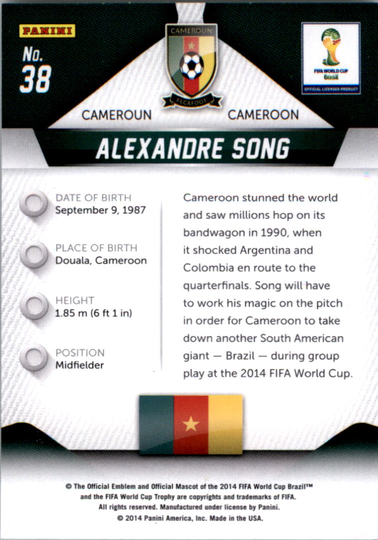 2014 Panini Prizm World Cup #38 Alexandre Song back image