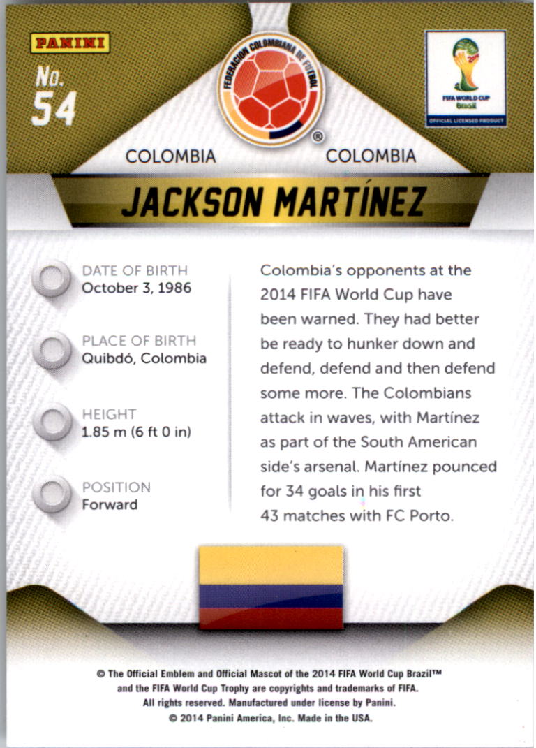 2014 Panini Prizm World Cup #54 Jackson Martinez back image