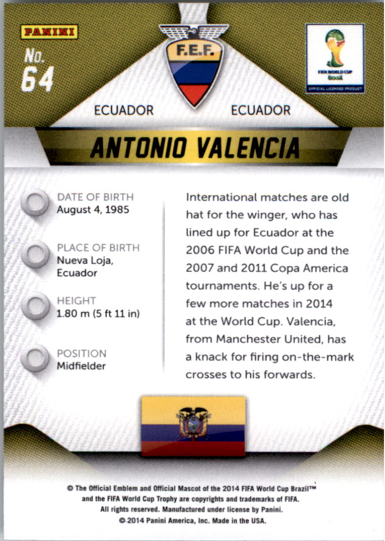 2014 Panini Prizm World Cup #64 Antonio Valencia back image