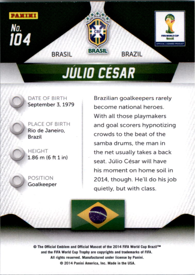 2014 Panini Prizm World Cup #104 Julio Cesar back image