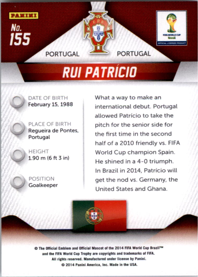 2014 Panini Prizm World Cup #155 Rui Patricio back image